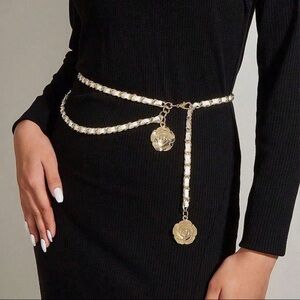 Gold Chain Belt with Rose Accents, White Faux Leather and Gold Chain Belt